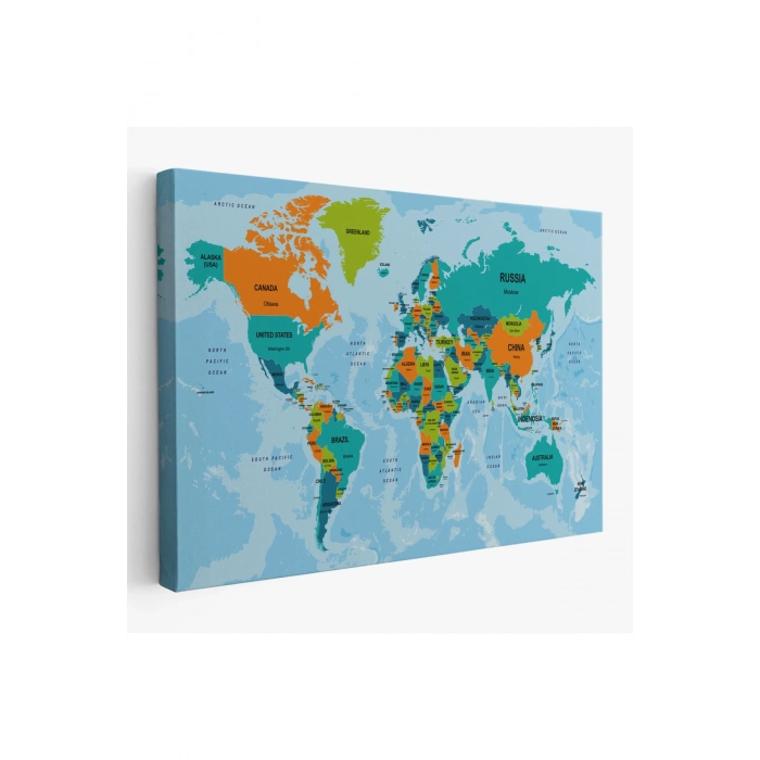 Dünya Haritası Ülke Başkentli Okyanuslu ve Dekoratif Kanvas Tablo  2231