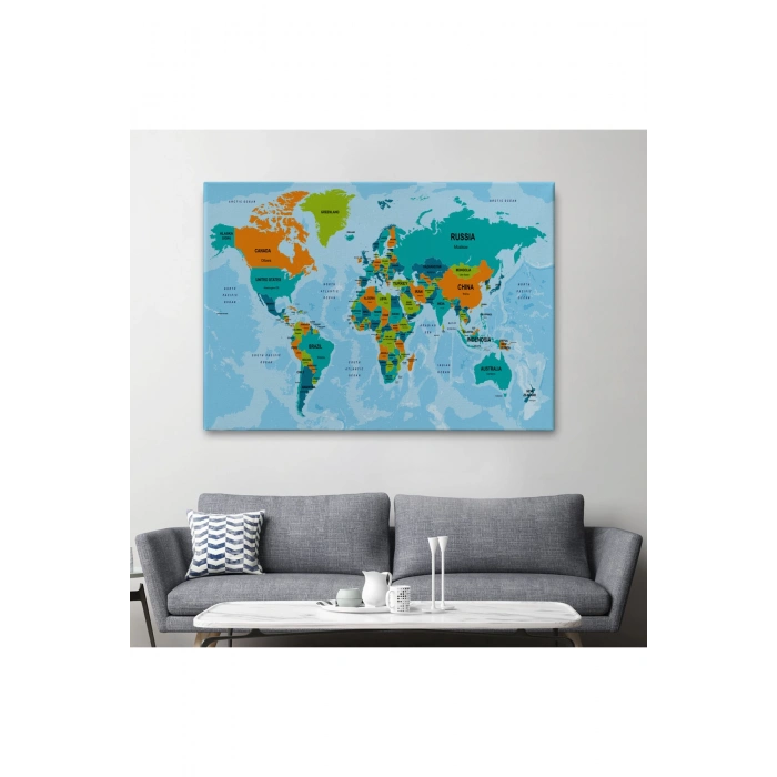 Dünya Haritası Ülke Başkentli Okyanuslu ve Dekoratif Kanvas Tablo  2231