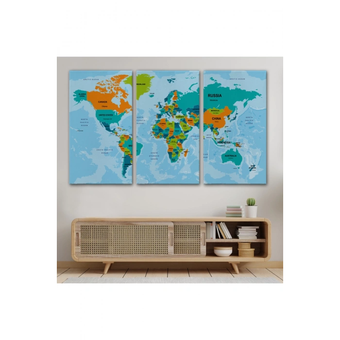 Dünya Haritası Ülke Başkentli Okyanuslu ve Dekoratif Kanvas Tablo  2231