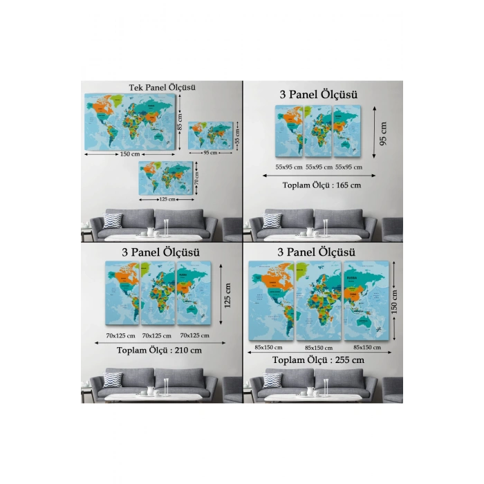 Dünya Haritası Ülke Başkentli Okyanuslu ve Dekoratif Kanvas Tablo  2231