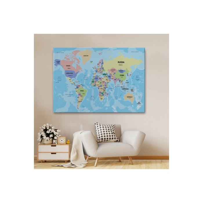 Dünya Haritası Ülke Başkentli Okyanuslu ve Dekoratif Kanvas Tablo 2233