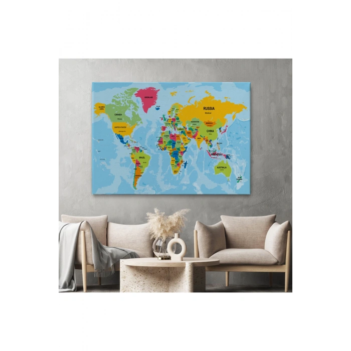 Dünya Haritası Ülke Başkentli Okyanuslu ve Dekoratif Kanvas Tablo 2243