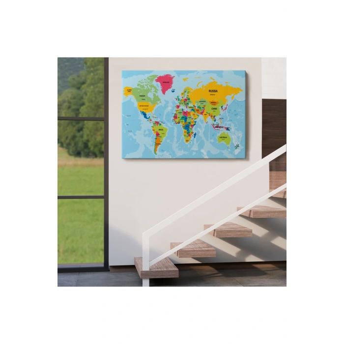 Dünya Haritası Ülke Başkentli Okyanuslu ve Dekoratif Kanvas Tablo 2243
