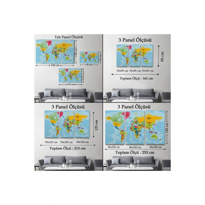 Dünya Haritası Ülke Başkentli Okyanuslu ve Dekoratif Kanvas Tablo 2243