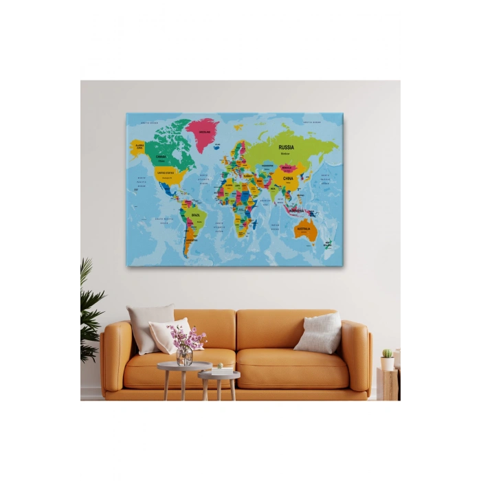 Dünya Haritası Ülke Başkentli Okyanuslu ve Dekoratif Kanvas Tablo 2245