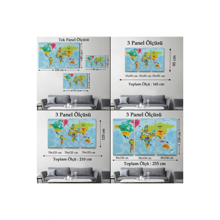 Dünya Haritası Ülke Başkentli Okyanuslu ve Dekoratif Kanvas Tablo 2245