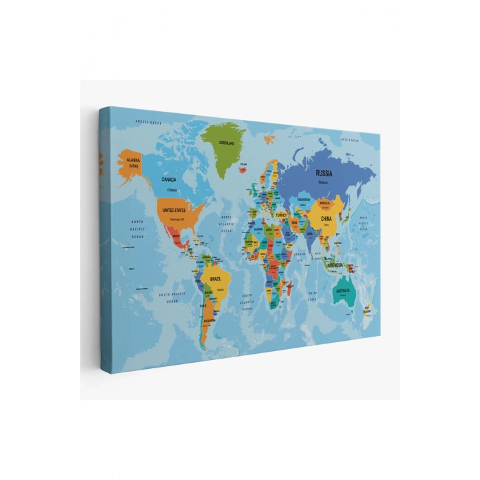 Dünya Haritası Ülke Başkentli Okyanuslu ve Dekoratif Kanvas Tablo 2261