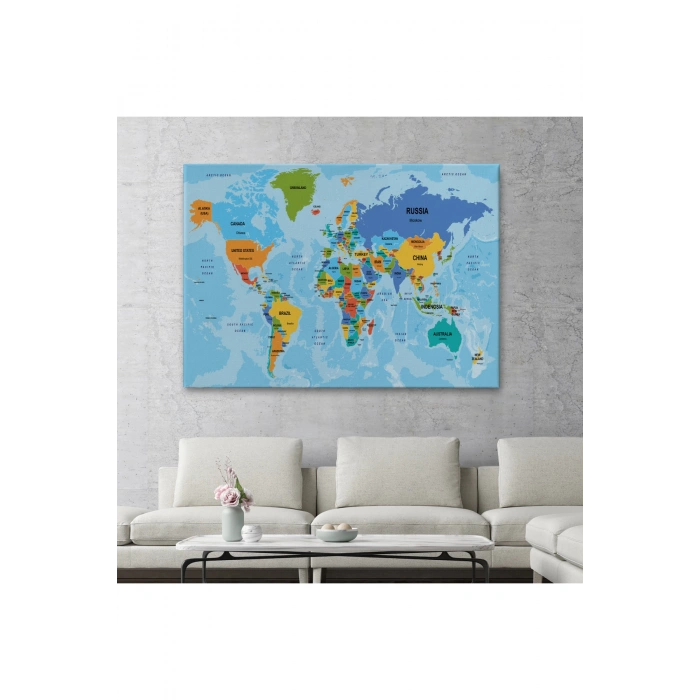 Dünya Haritası Ülke Başkentli Okyanuslu ve Dekoratif Kanvas Tablo 2261