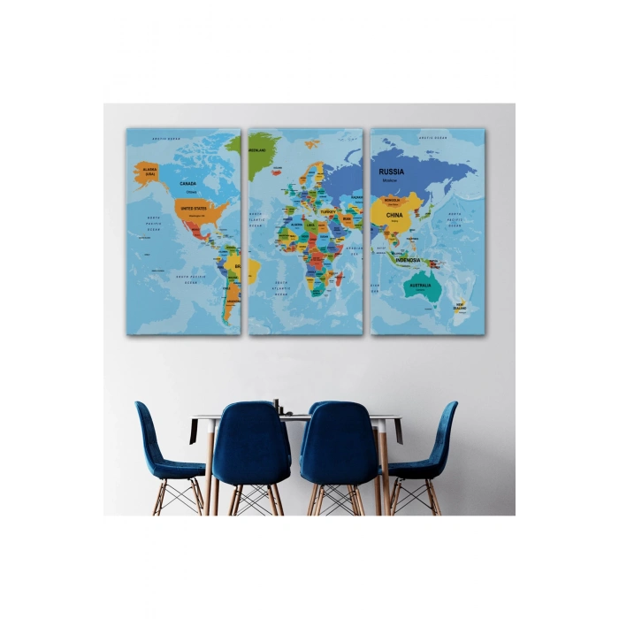 Dünya Haritası Ülke Başkentli Okyanuslu ve Dekoratif Kanvas Tablo 2261