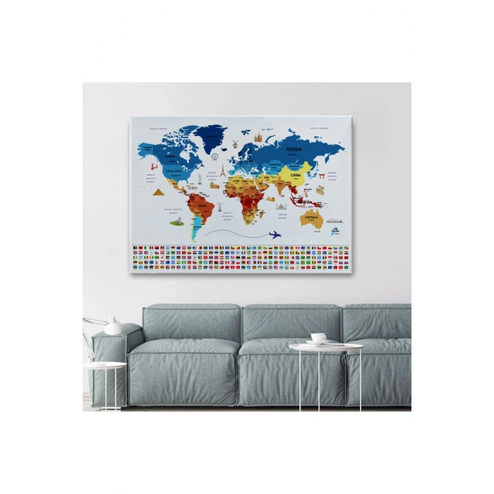 Dünya Haritası Ülke Bayraklı ve Başkentli Kanvas Tablo 1899