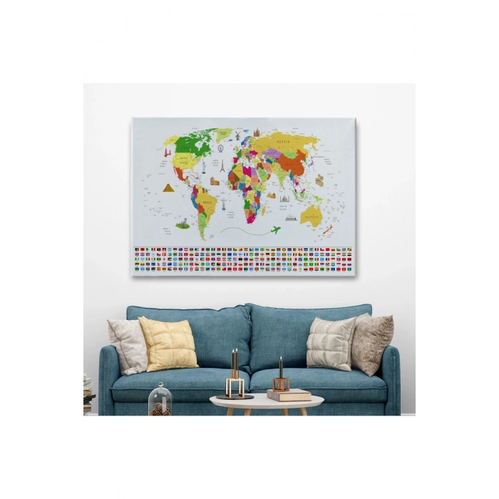 Dünya Haritası Ülke Bayraklı ve Başkentli Kanvas Tablo 1919