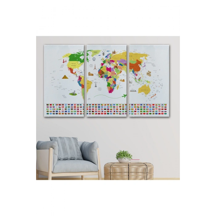 Dünya Haritası Ülke Bayraklı ve Başkentli Kanvas Tablo 1919