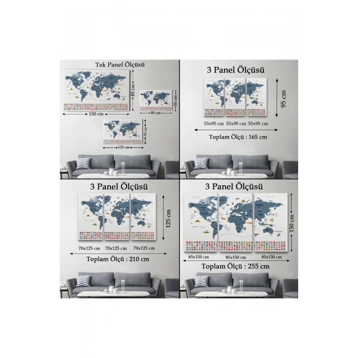 Dünya Haritası Ülke Bayraklı ve Başkentli Kanvas Tablo 1921