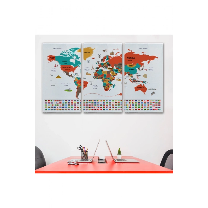 Dünya Haritası Ülke Bayraklı ve Başkentli Kanvas Tablo 1923