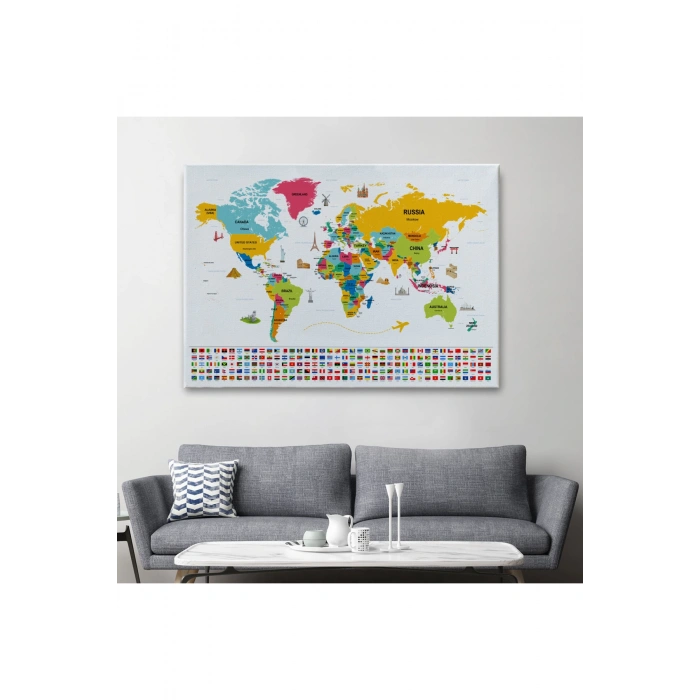 Dünya Haritası Ülke Bayraklı ve Başkentli Kanvas Tablo 1949