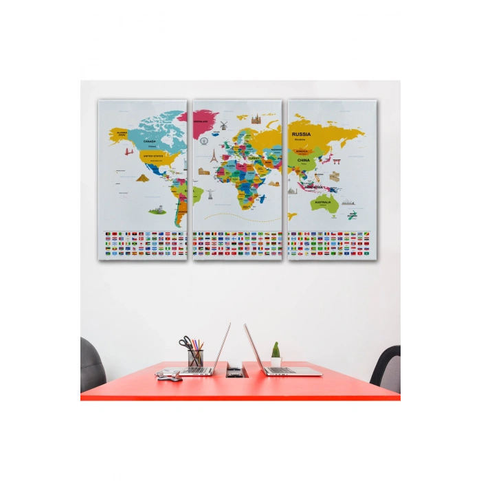 Dünya Haritası Ülke Bayraklı ve Başkentli Kanvas Tablo 1949