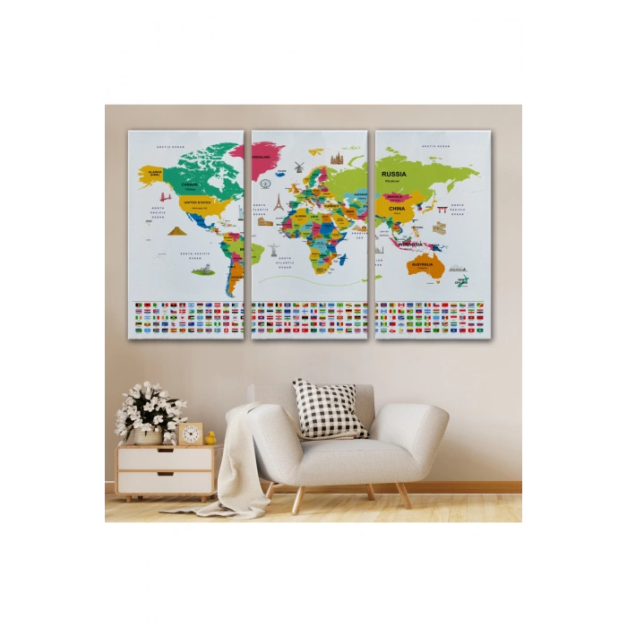 Dünya Haritası Ülke Bayraklı ve Başkentli Kanvas Tablo 1951