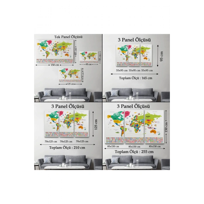 Dünya Haritası Ülke Bayraklı ve Başkentli Kanvas Tablo 1951