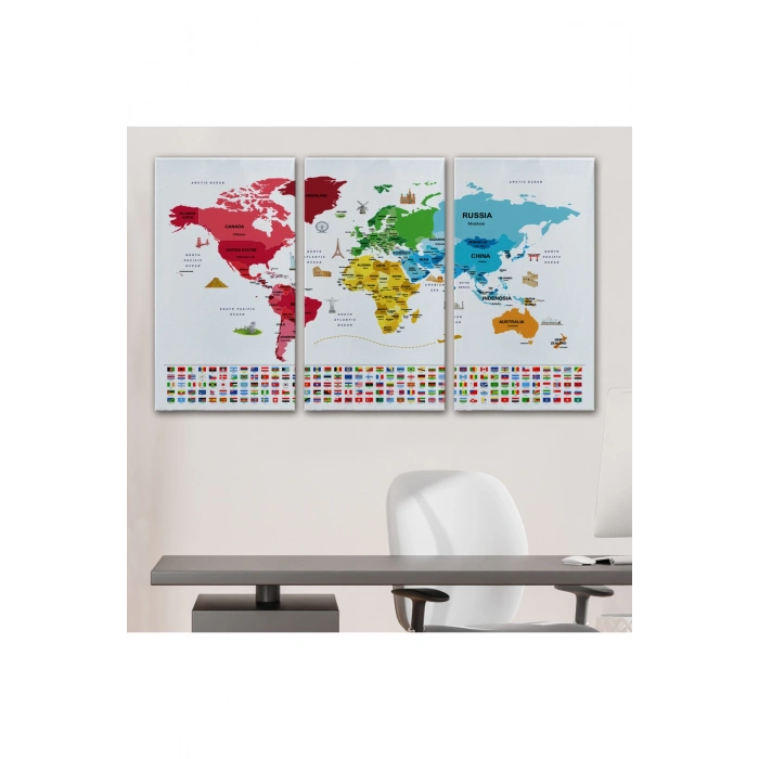 Dünya Haritası Ülke Bayraklı ve Başkentli Kanvas Tablo 1959