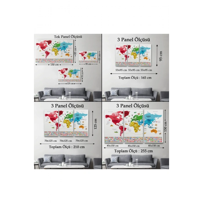 Dünya Haritası Ülke Bayraklı ve Başkentli Kanvas Tablo 1959
