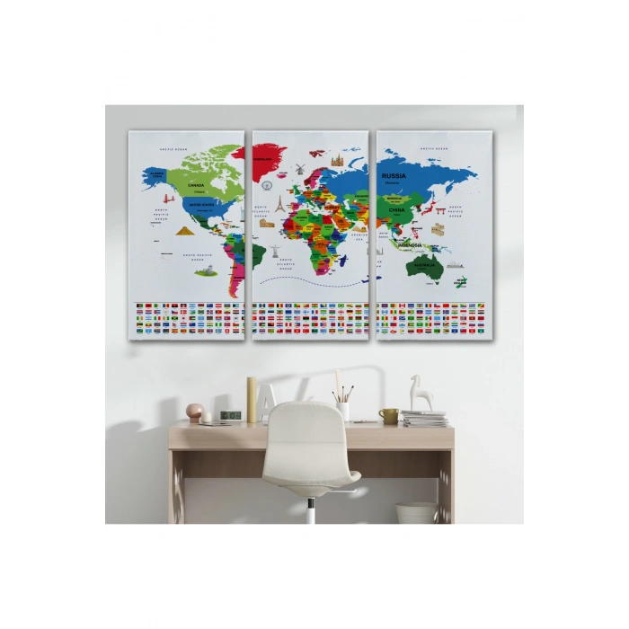 Dünya Haritası Ülke Bayraklı ve Başkentli Kanvas Tablo 1963