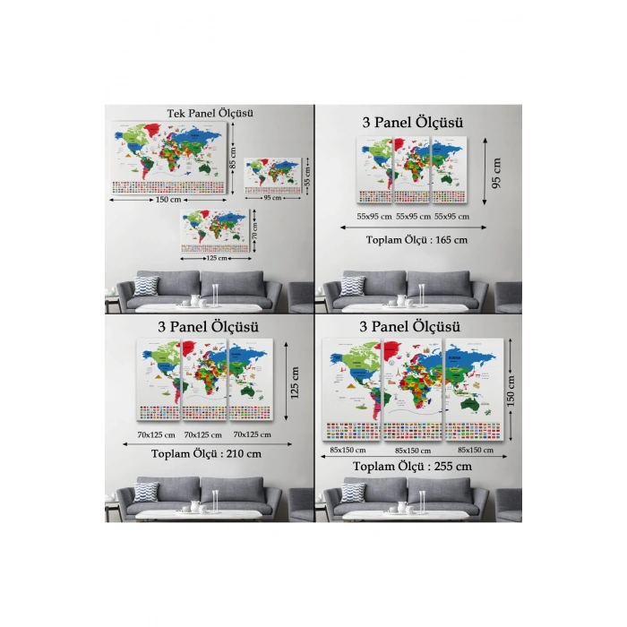 Dünya Haritası Ülke Bayraklı ve Başkentli Kanvas Tablo 1963
