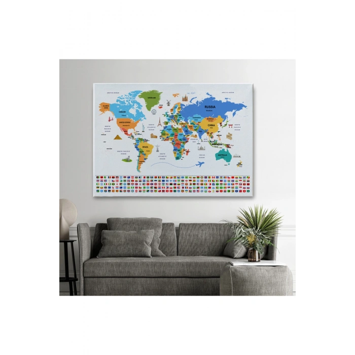Dünya Haritası Ülke Bayraklı ve Başkentli Kanvas Tablo 1967