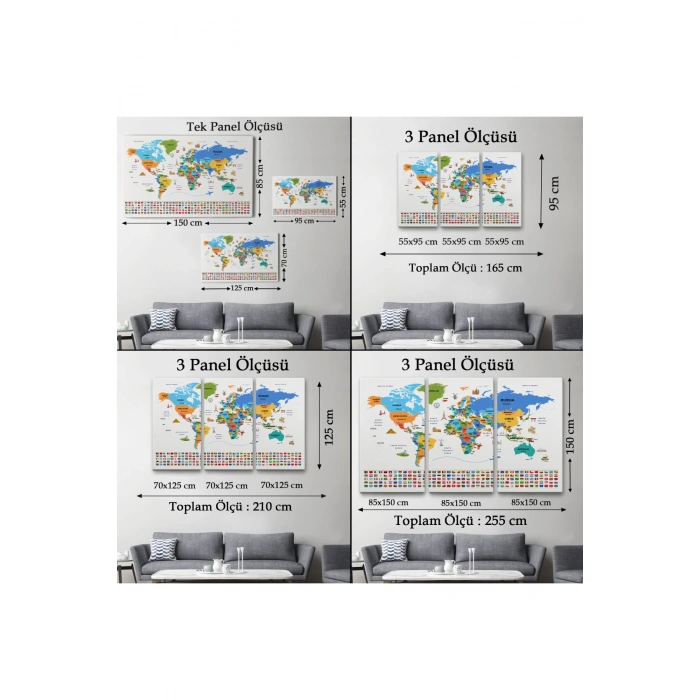 Dünya Haritası Ülke Bayraklı ve Başkentli Kanvas Tablo 1967