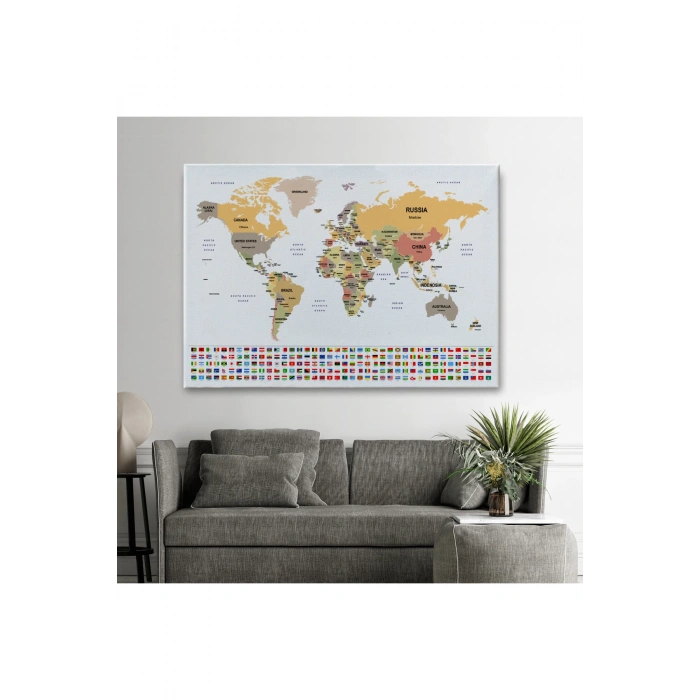 Dünya Haritası Ülke Bayraklı ve Dekoratif Kanvas Tablo 2381
