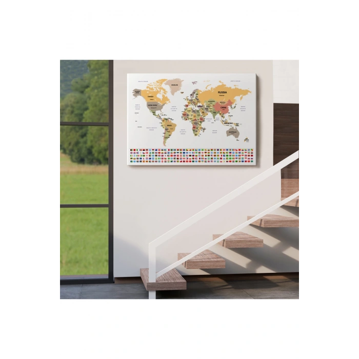 Dünya Haritası Ülke Bayraklı ve Dekoratif Kanvas Tablo 2381