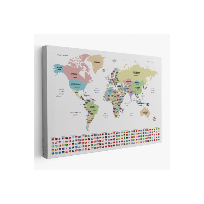 Dünya Haritası Ülke Bayraklı ve Dekoratif Kanvas Tablo 2385
