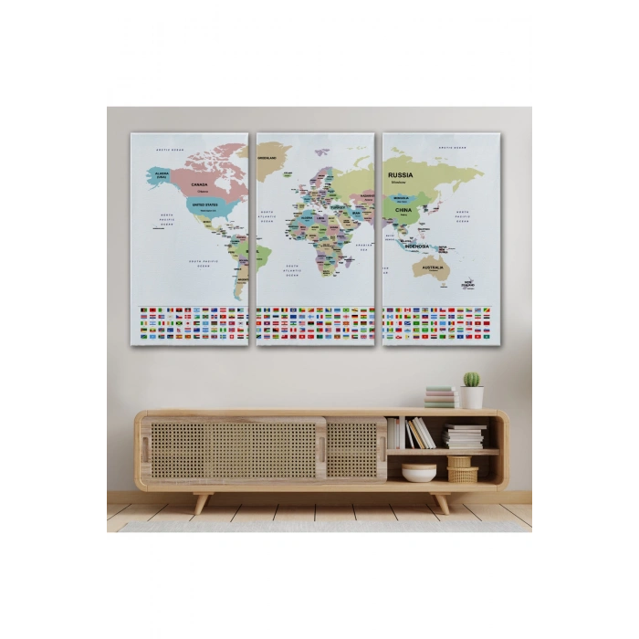 Dünya Haritası Ülke Bayraklı ve Dekoratif Kanvas Tablo 2385