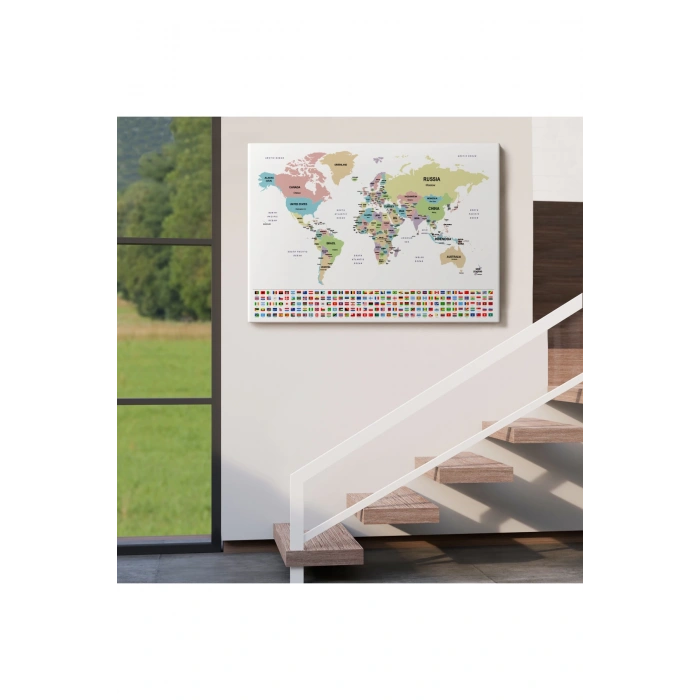 Dünya Haritası Ülke Bayraklı ve Dekoratif Kanvas Tablo 2385