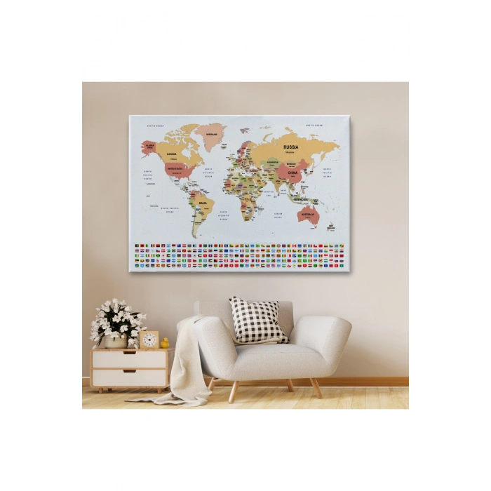 Dünya Haritası Ülke Bayraklı ve Dekoratif Kanvas Tablo 2387