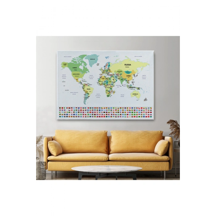 Dünya Haritası Ülke Bayraklı ve Dekoratif Kanvas Tablo 2389