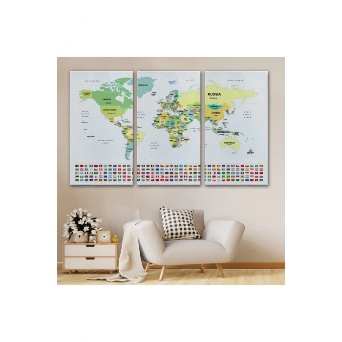 Dünya Haritası Ülke Bayraklı ve Dekoratif Kanvas Tablo 2389