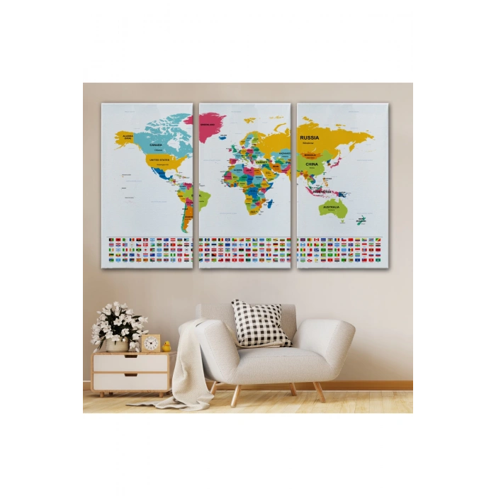 Dünya Haritası Ülke Bayraklı ve Dekoratif Kanvas Tablo 2395
