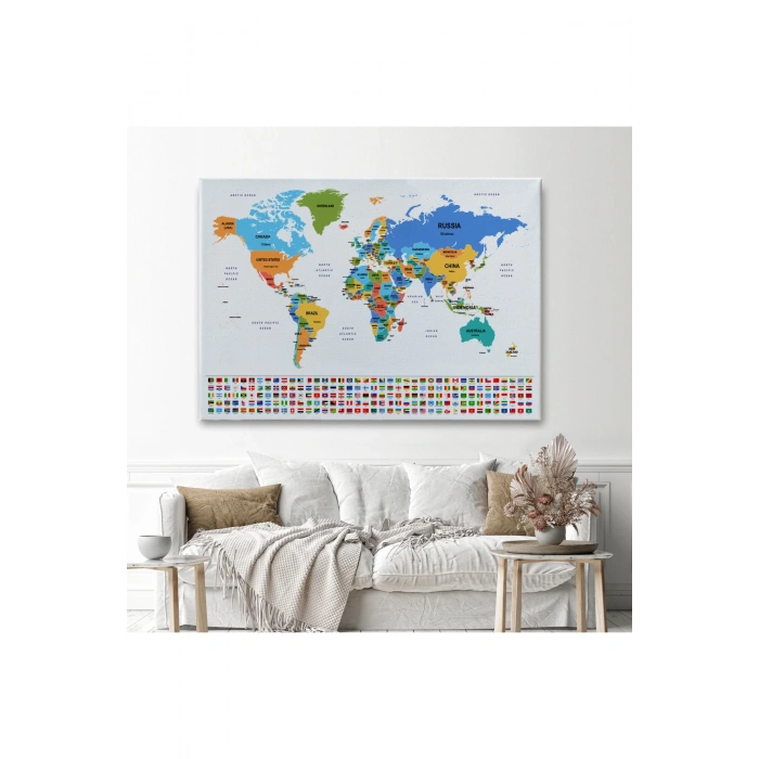 Dünya Haritası Ülke Bayraklı ve Dekoratif Kanvas Tablo 2413
