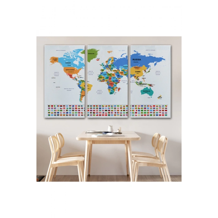 Dünya Haritası Ülke Bayraklı ve Dekoratif Kanvas Tablo 2413
