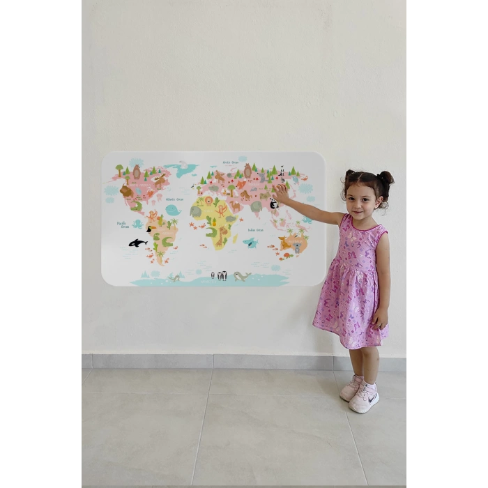 Eğitici Dünya Haritası Dünya Atlası Çocuk ve Bebek Kız Çocuğu Odası Duvar Sticker-60x105-3777
