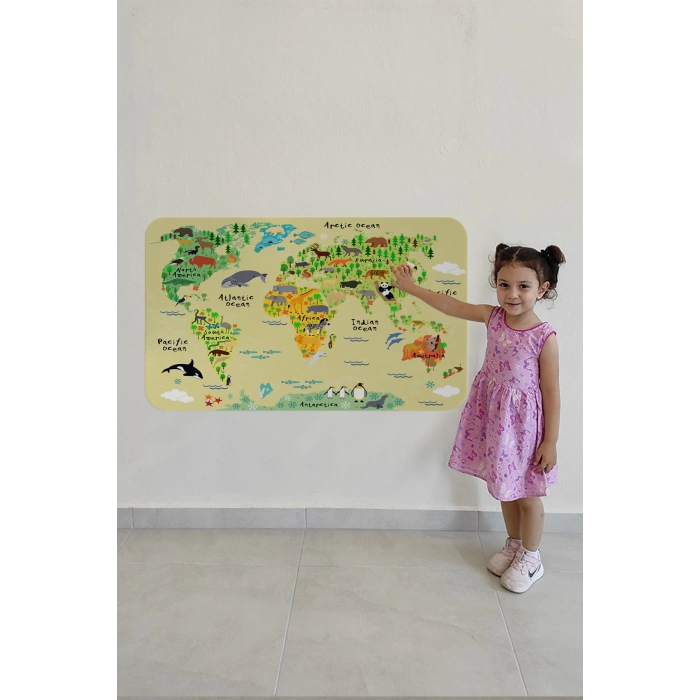 Eğitici Dünya Haritası Dünya Atlası Çocuk ve Bebek Odası Duvar Sticker-60x105-3772
