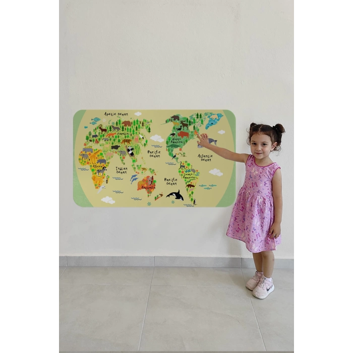 Eğitici Dünya Haritası Dünya Atlası Çocuk ve Bebek Odası Duvar Sticker-60x105-3773