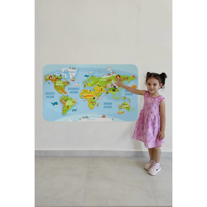 Eğitici Dünya Haritası Dünya Atlası Çocuk ve Bebek Odası Duvar Sticker-60x105-3778