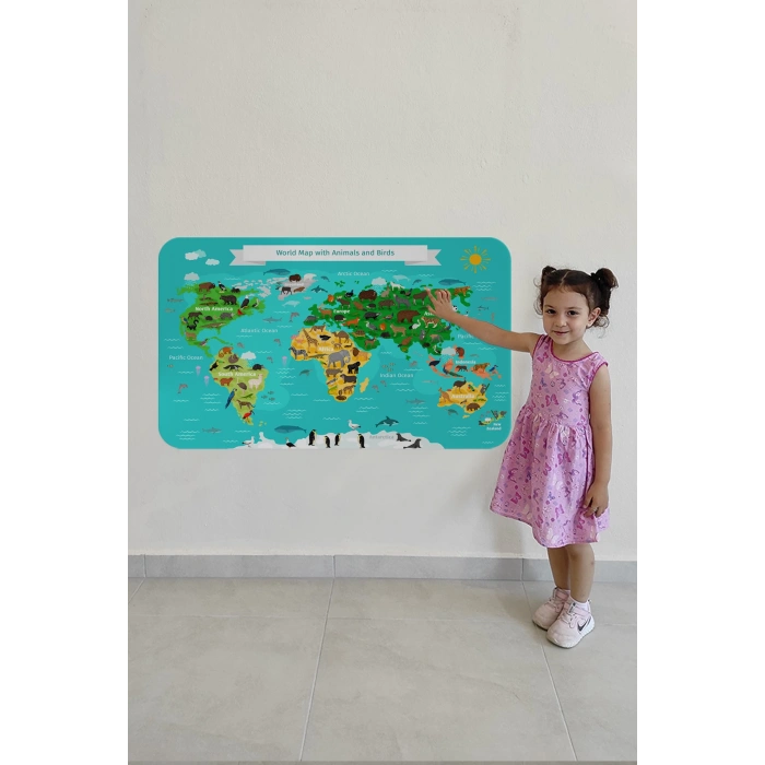 Eğitici Dünya Haritası Dünya Atlası Çocuk ve Bebek Odası Duvar Sticker-60x105-3780