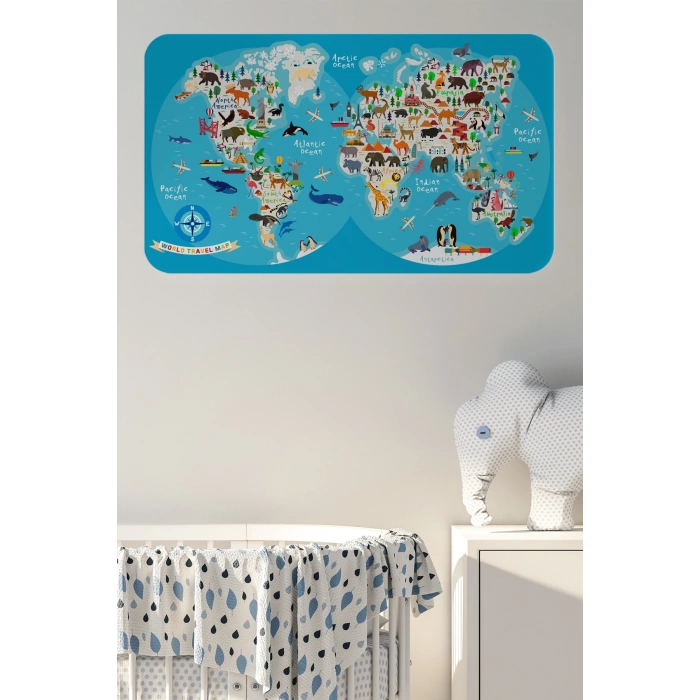 Eğitici Dünya Haritası Dünya Atlası Çocuk ve Bebek Odası Duvar Sticker -60x105-3806