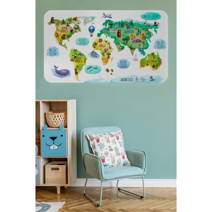 Eğitici Dünya Haritası Dünya Atlası Çocuk ve Bebek Odası Duvar Sticker -60x105-3807