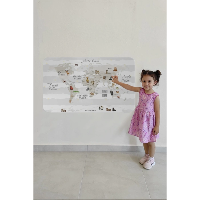 Eğitici Dünya Haritası Dünya Atlası Çocuk ve Bebek Odası Duvar Sticker -60x105-3812