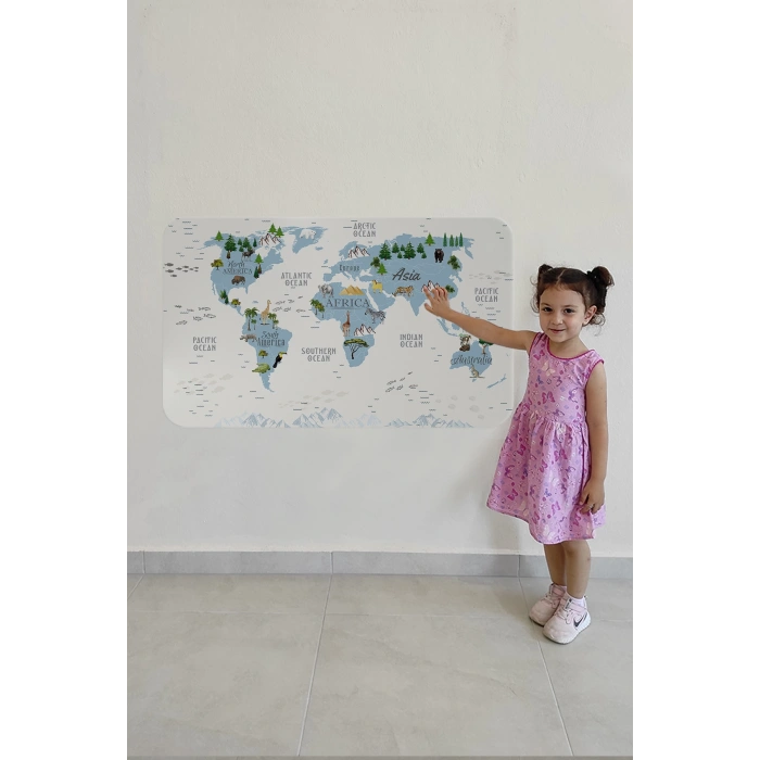 Eğitici Dünya Haritası Dünya Atlası Çocuk ve Bebek Odası Duvar Sticker -60x105-3815