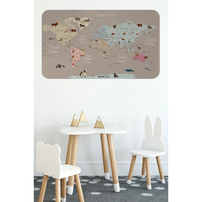 Eğitici Dünya Haritası Dünya Atlası Çocuk ve Bebek Odası Duvar Sticker -60x105-3817