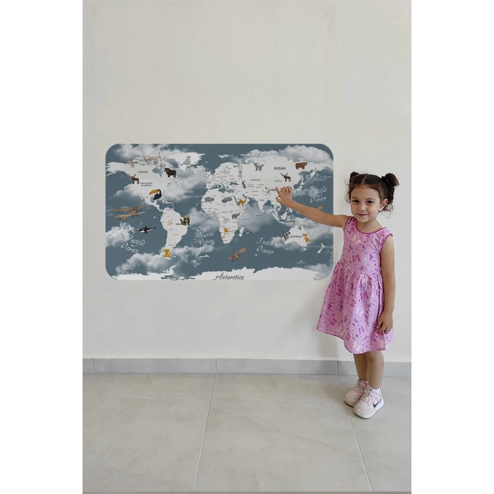 Eğitici Dünya Haritası Dünya Atlası Çocuk ve Bebek Odası Duvar Sticker -60x105-3818
